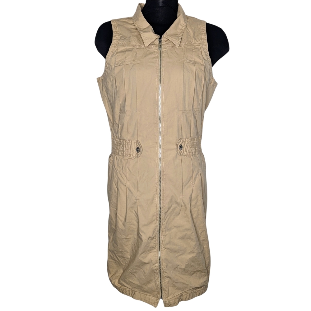 DKNY Sheath Dress Xl Khaki Sleeveless Pockets Cinched waist Full Length zipper